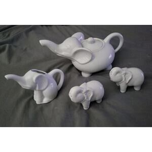 Abbott Elephant Tea Pot , Creamer, Salt & Pepper - All White Porcelain